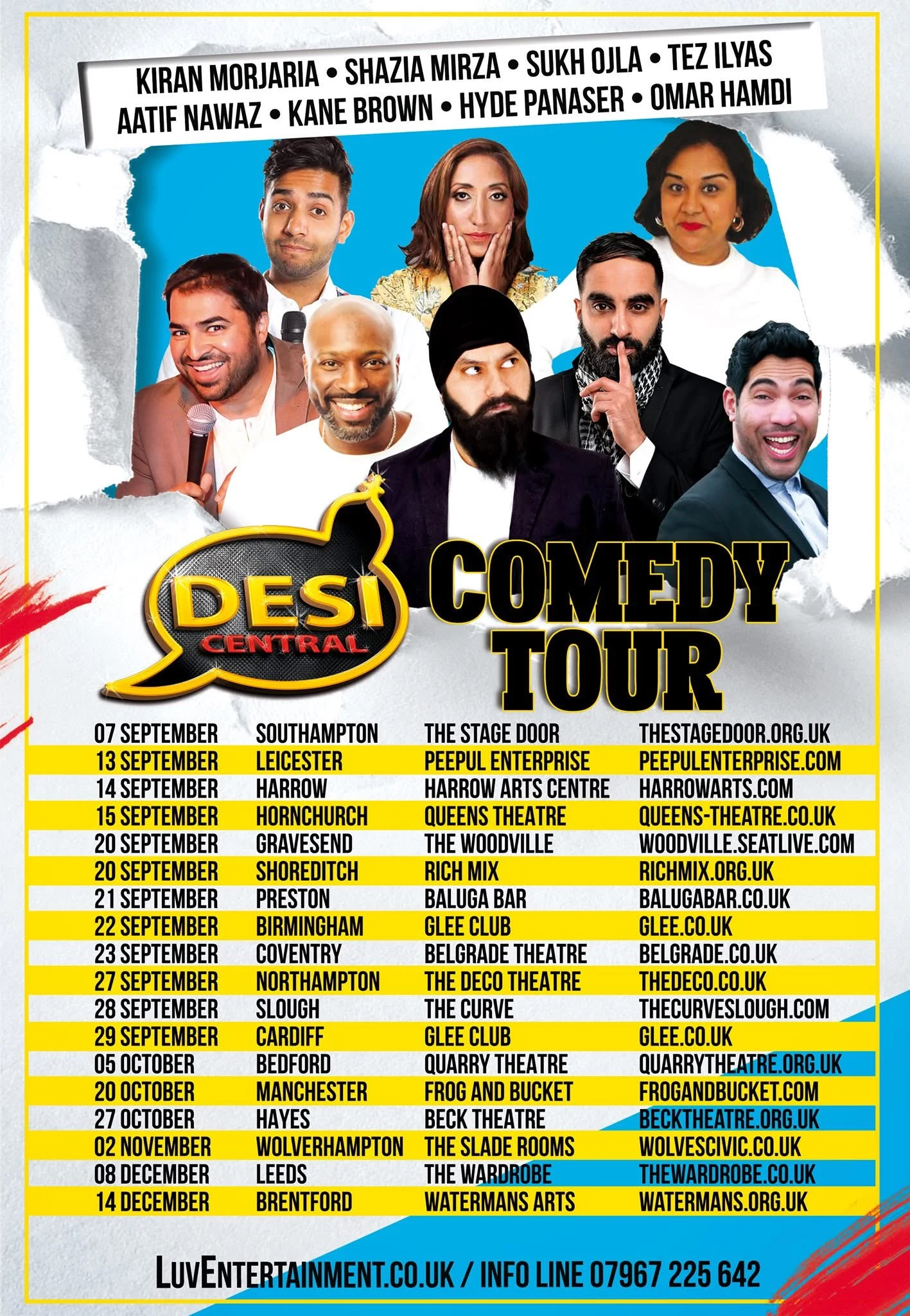 Desi Central Comedy Tour poster featuring Kiran Morjaria alongside Shazia Mirza, Sukh Ojla, Tez Ilyas and others